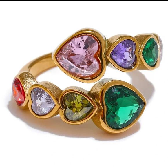 Diva Multicolor Crystal Heart 18K Gold Stainless Steel Waterproof Ring - Picture 4 of 17